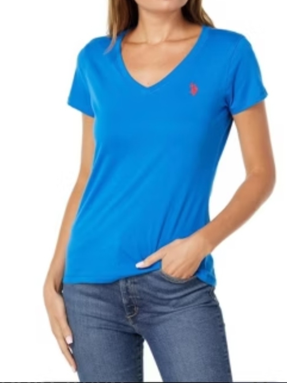 Ralph Lauren Women’s Blue V-Neck Polo T-Shirt ~ Size Large
